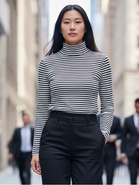 TAHARI Fitted Striped Black & Grey Striped Layering Turtleneck Top